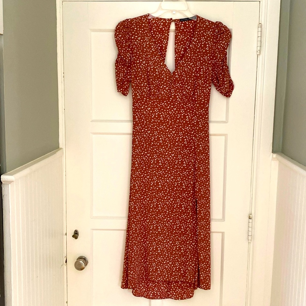 Abercrombie & Fitch Midi 40’s Dress rust colored back cutout slit XS chiffon